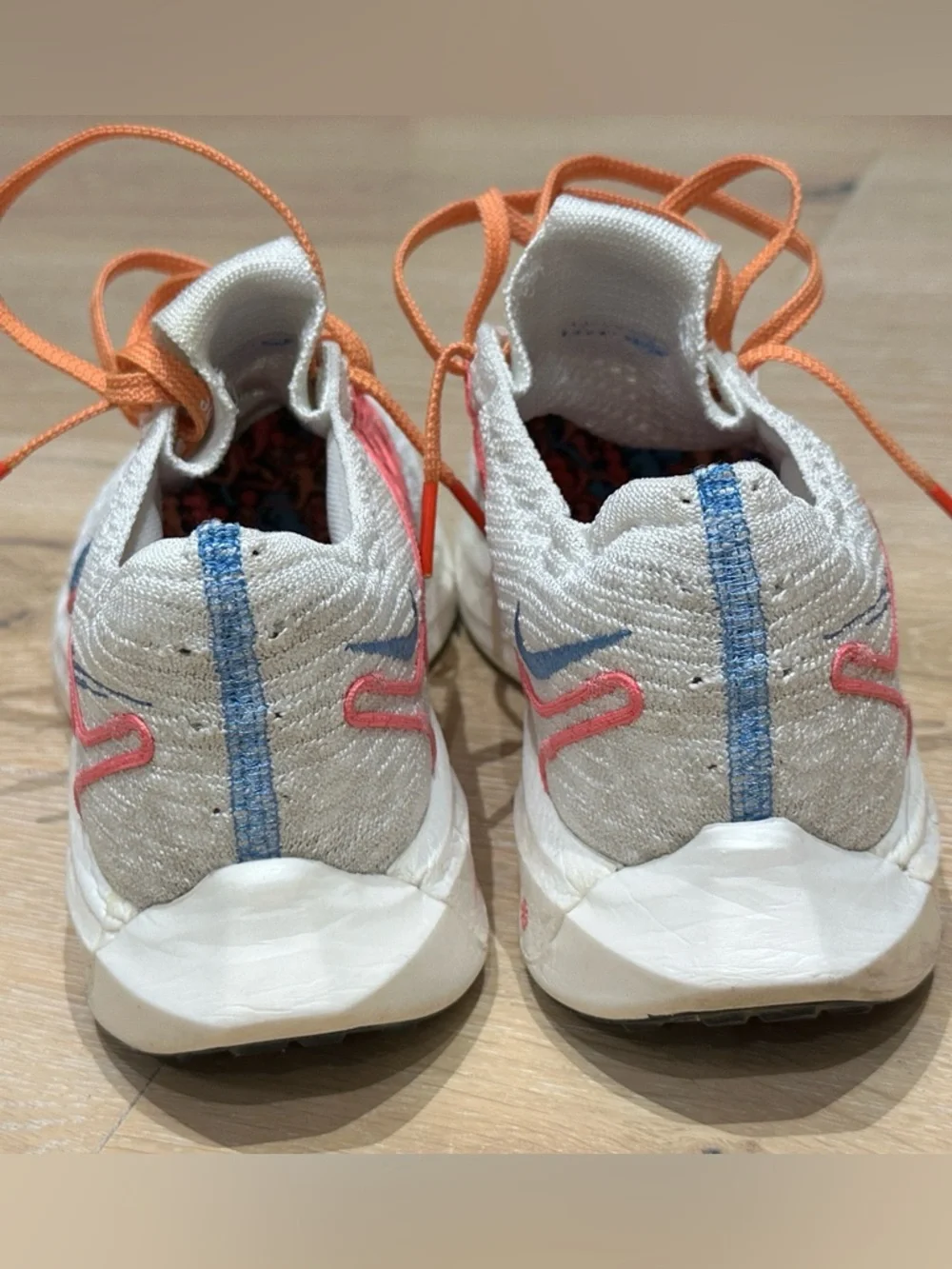 Women’s Nike White Knit Running Shoes - Blue Swoosh, Pink Stripes & Orange Laces - Picture 3 of 16